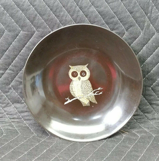 OWL PLATE Vintage MCM Couroc of Monterey Round 7.75" Inlaid  Shallow Bowl Black