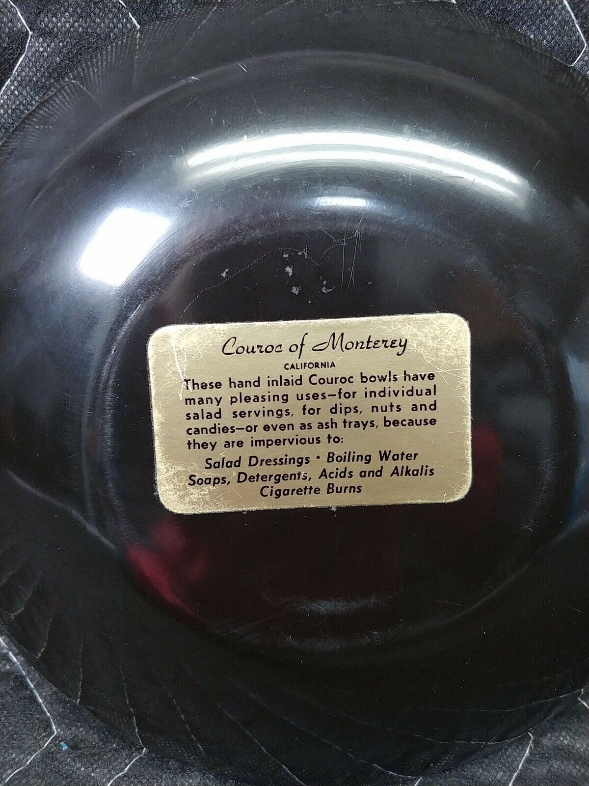OWL PLATE Vintage MCM Couroc of Monterey Round 7.75" Inlaid  Shallow Bowl Black
