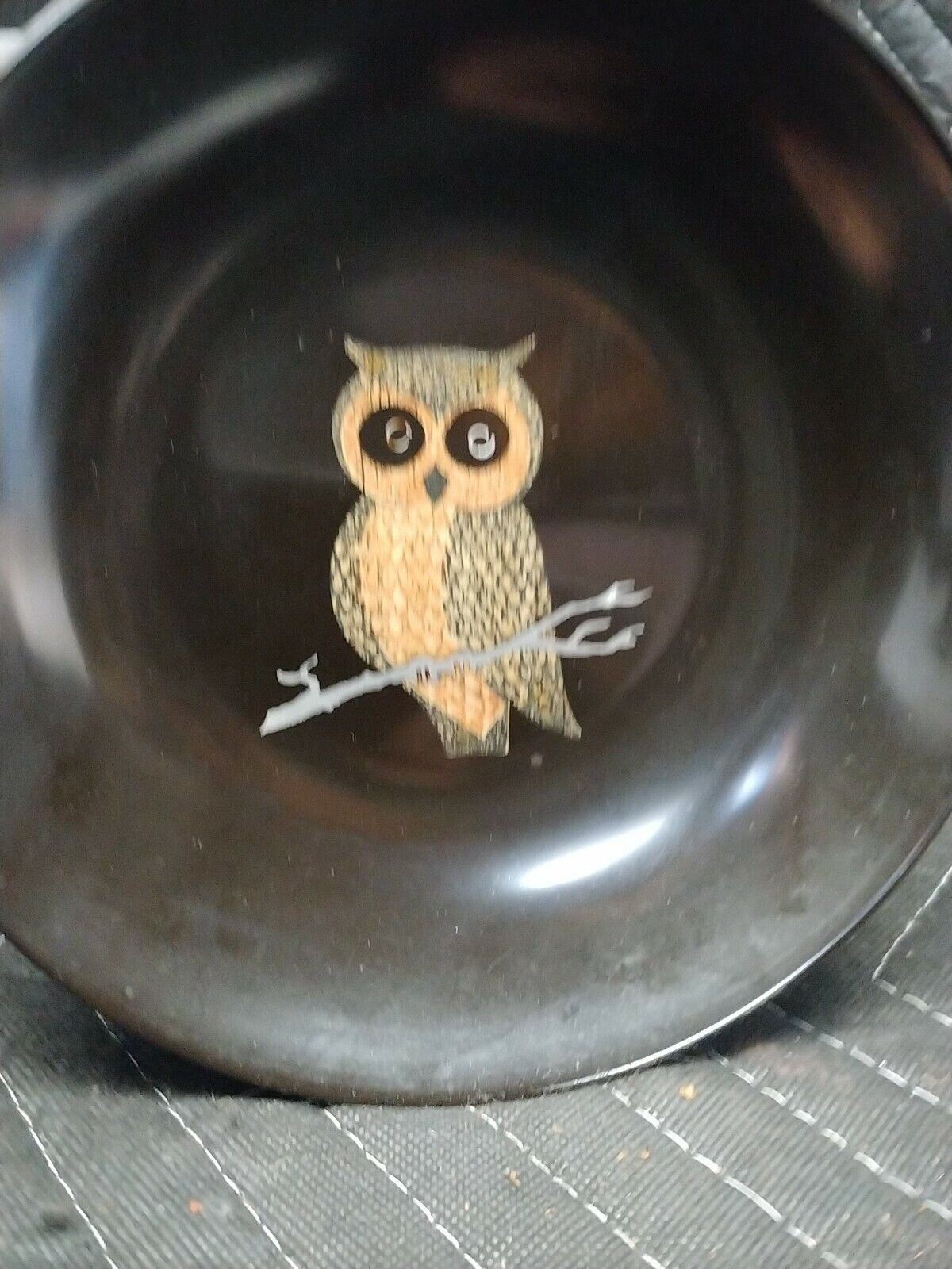 OWL PLATE Vintage MCM Couroc of Monterey Round 7.75" Inlaid  Shallow Bowl Black