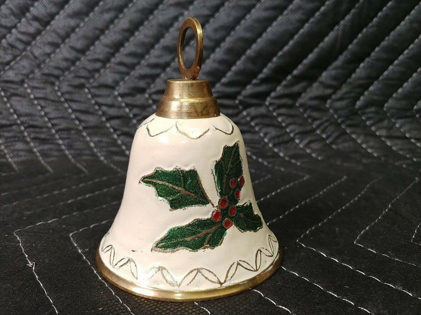 Vintage Solid Brass Hand Painted Bell Christmas Holly Berry Made in India 3 1/2"
