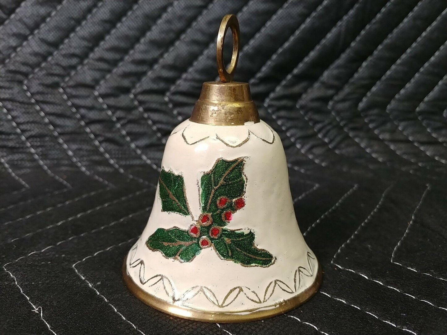 Vintage Solid Brass Hand Painted Bell Christmas Holly Berry Made in India 3 1/2"