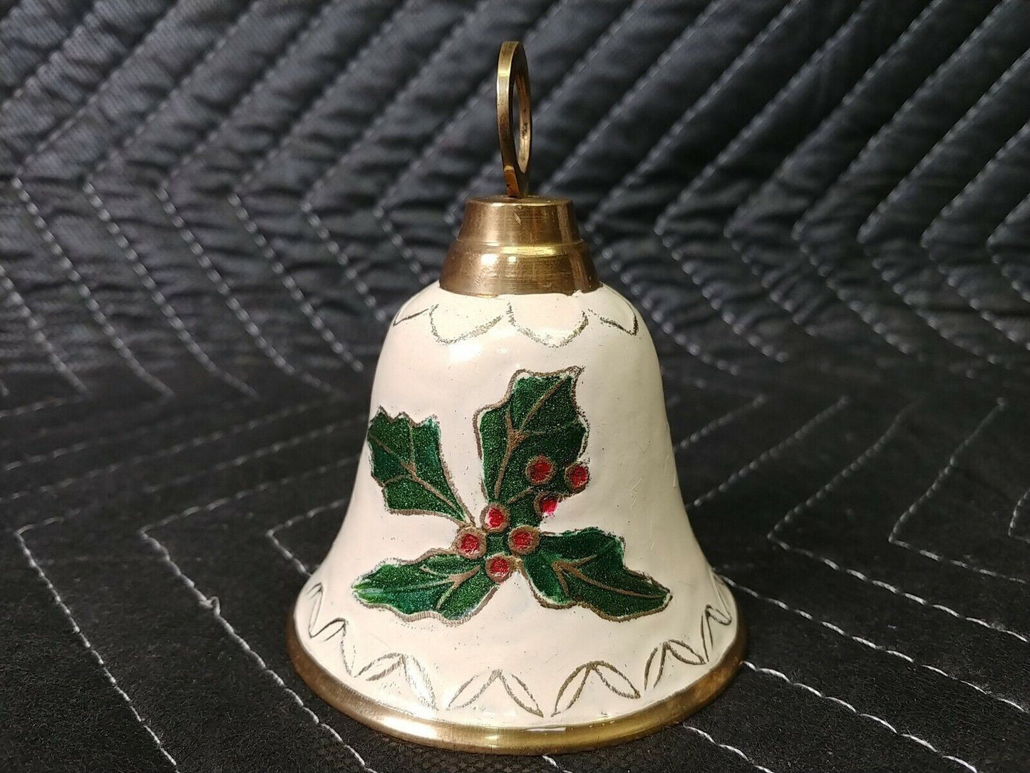 Vintage Solid Brass Hand Painted Bell Christmas Holly Berry Made in India 3 1/2"
