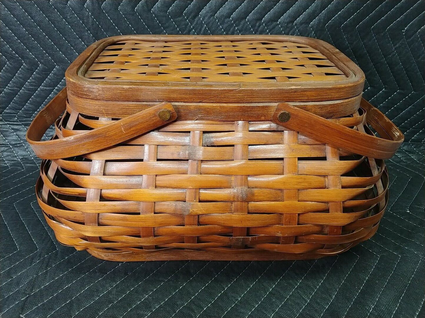 Vintage Bamboo And Reeds Woven Picnic Basket With Handles/Lid (16"L×12"W×7"D)