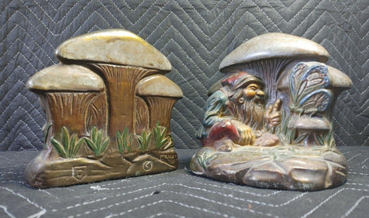 RARE 1900's Antique Armor Bronze Clad Knome Mushroom Butterfly Bookends Signed