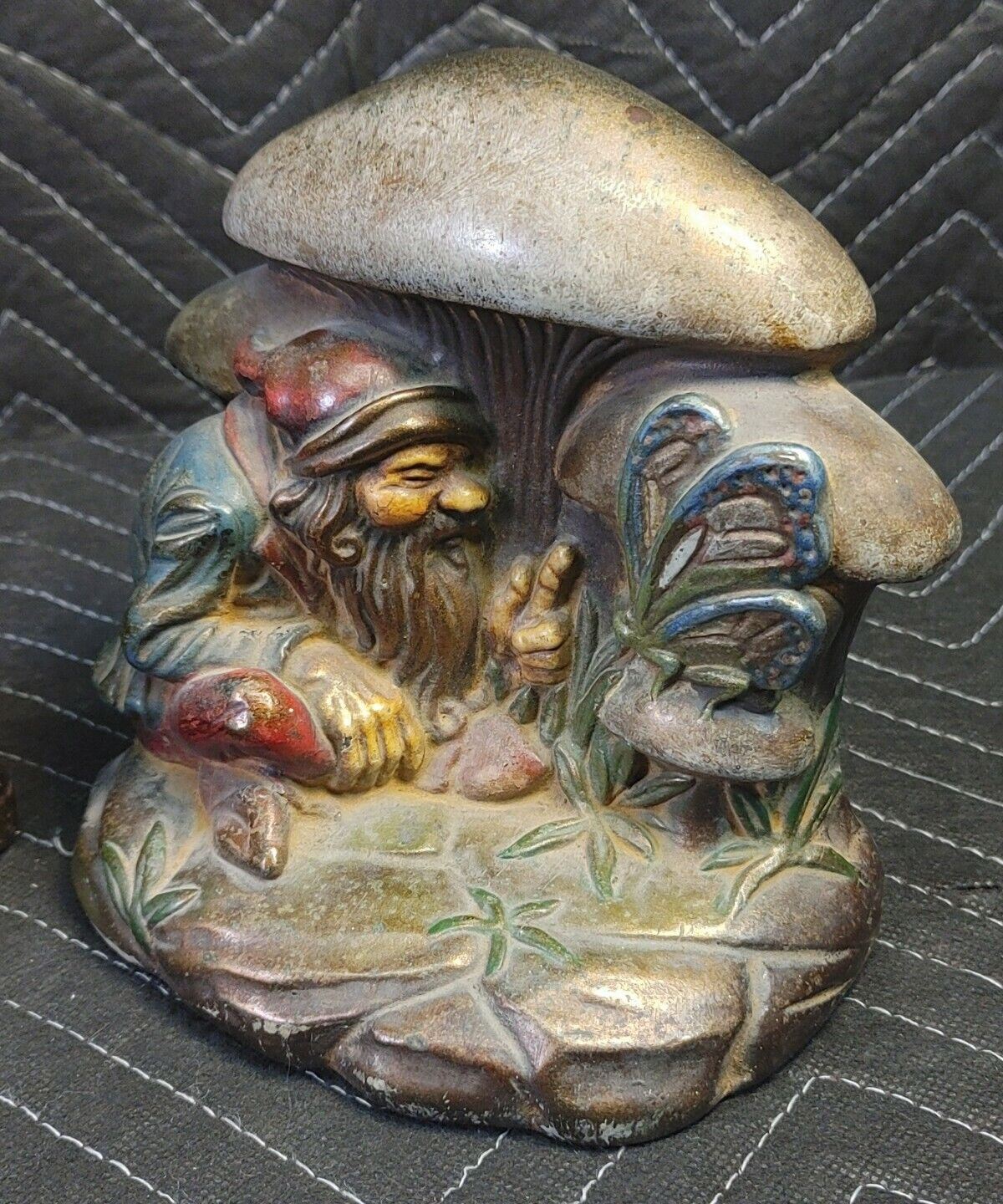 RARE 1900's Antique Armor Bronze Clad Knome Mushroom Butterfly Bookends Signed