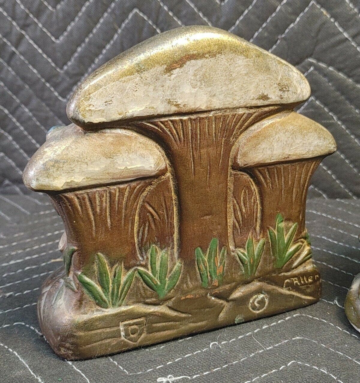 RARE 1900's Antique Armor Bronze Clad Knome Mushroom Butterfly Bookends Signed