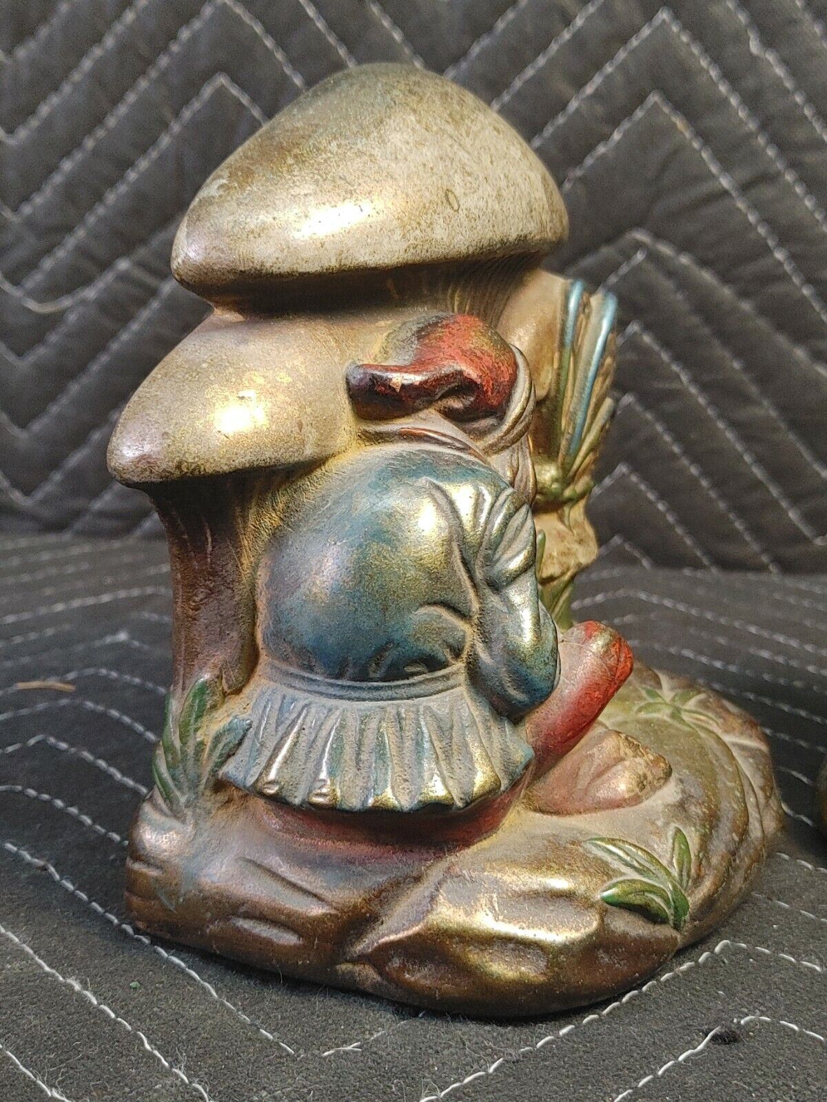 RARE 1900's Antique Armor Bronze Clad Knome Mushroom Butterfly Bookends Signed