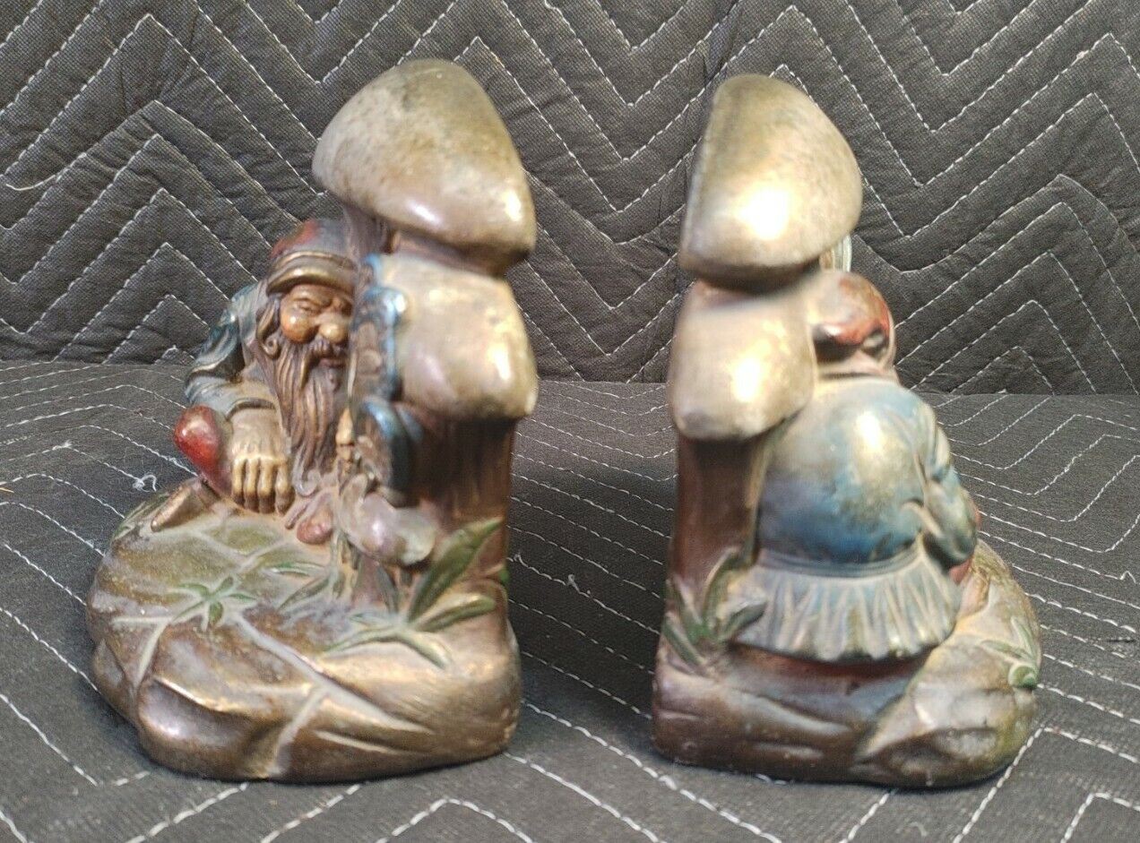 RARE 1900's Antique Armor Bronze Clad Knome Mushroom Butterfly Bookends Signed