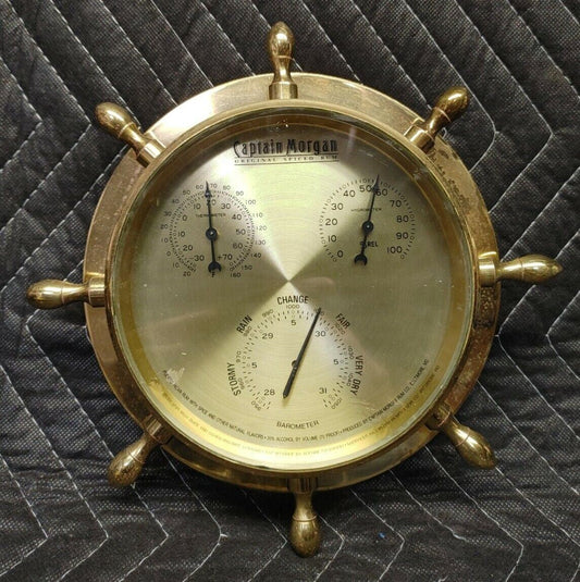 Vintage CAPTAIN MORGAN SPICED RUM Brass Weather Station Barometer Helm Wheel