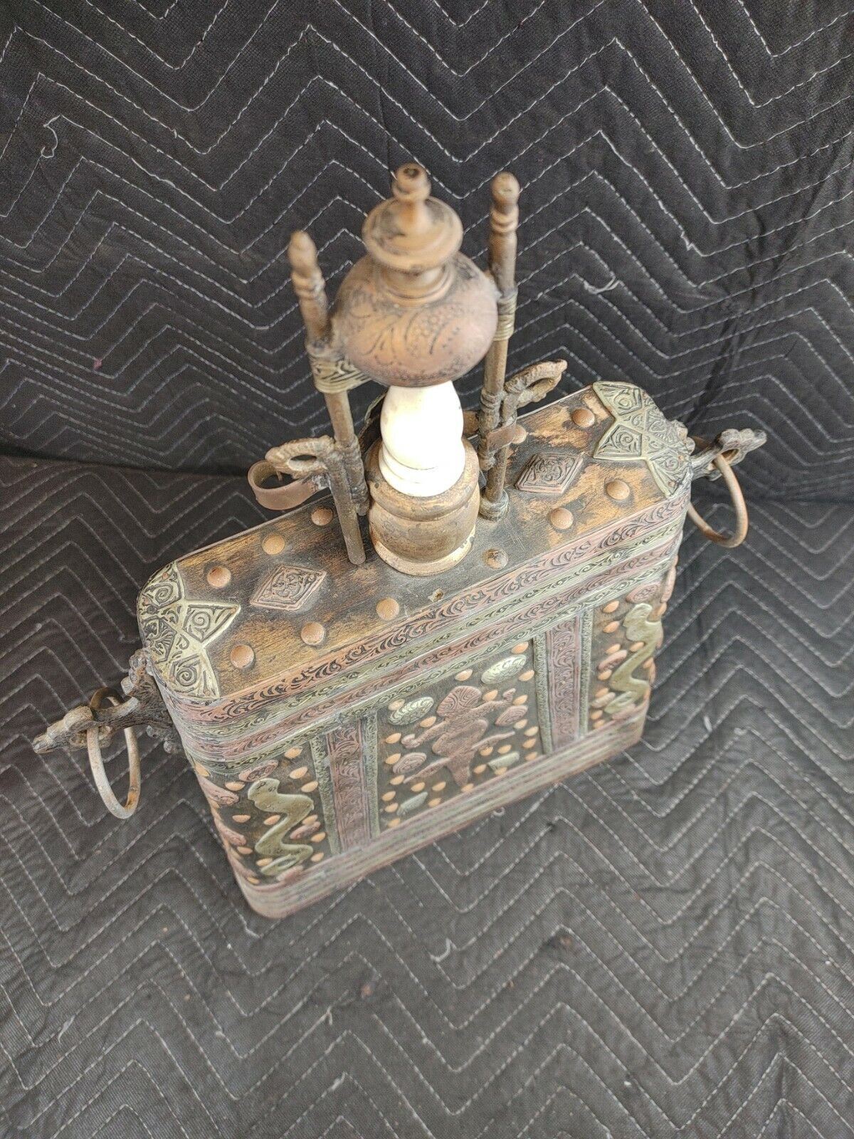 Antique Moroccan Gun Powder Brass and Camel Bone Flask - LARGE