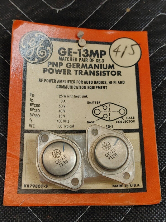 GE-13 Matched pair of GE Power Transistor Model GE-3 25 Watts PNP Germanium TO-3