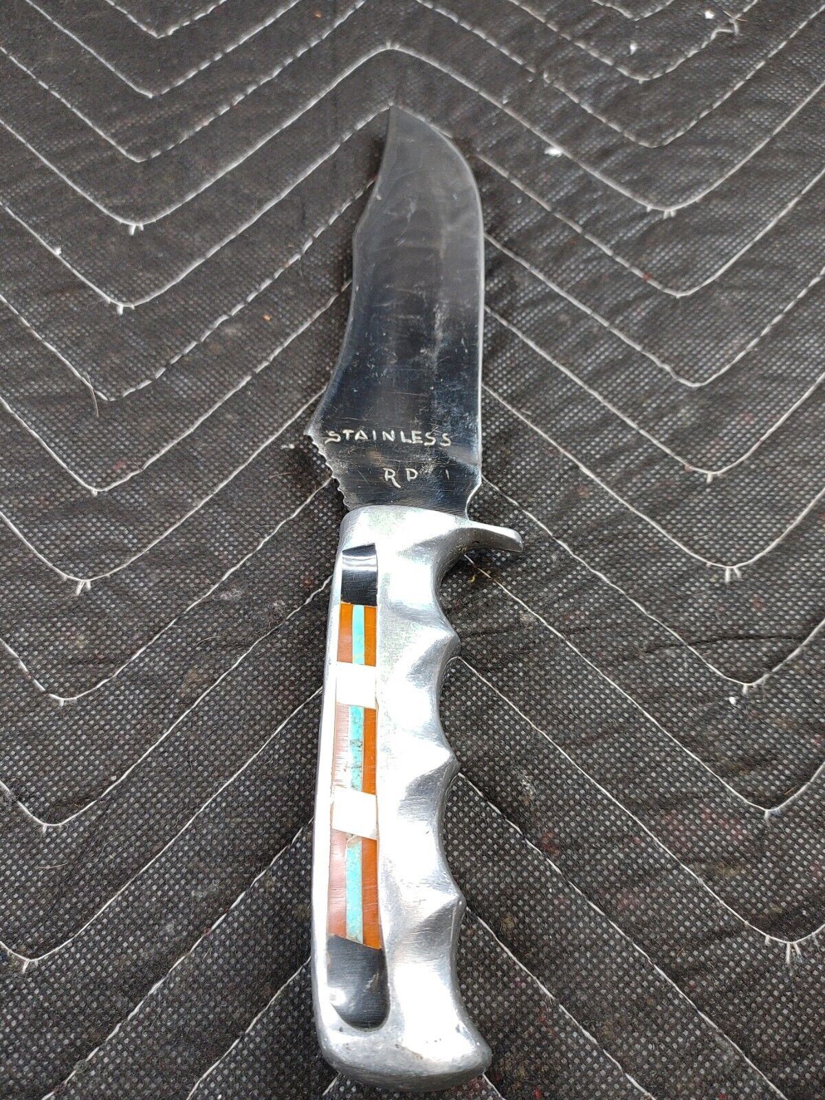 Custom Fixed 5" Blade Knife Multi-Stone Inlay 9" long, Stainless RD Skinner