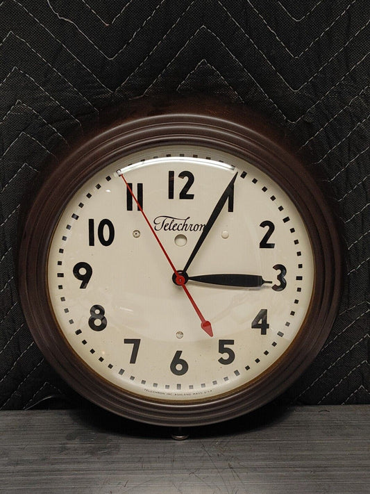 Vintage Brown Telechron Model 1H1308 Wall Clock - Mechanically Restored