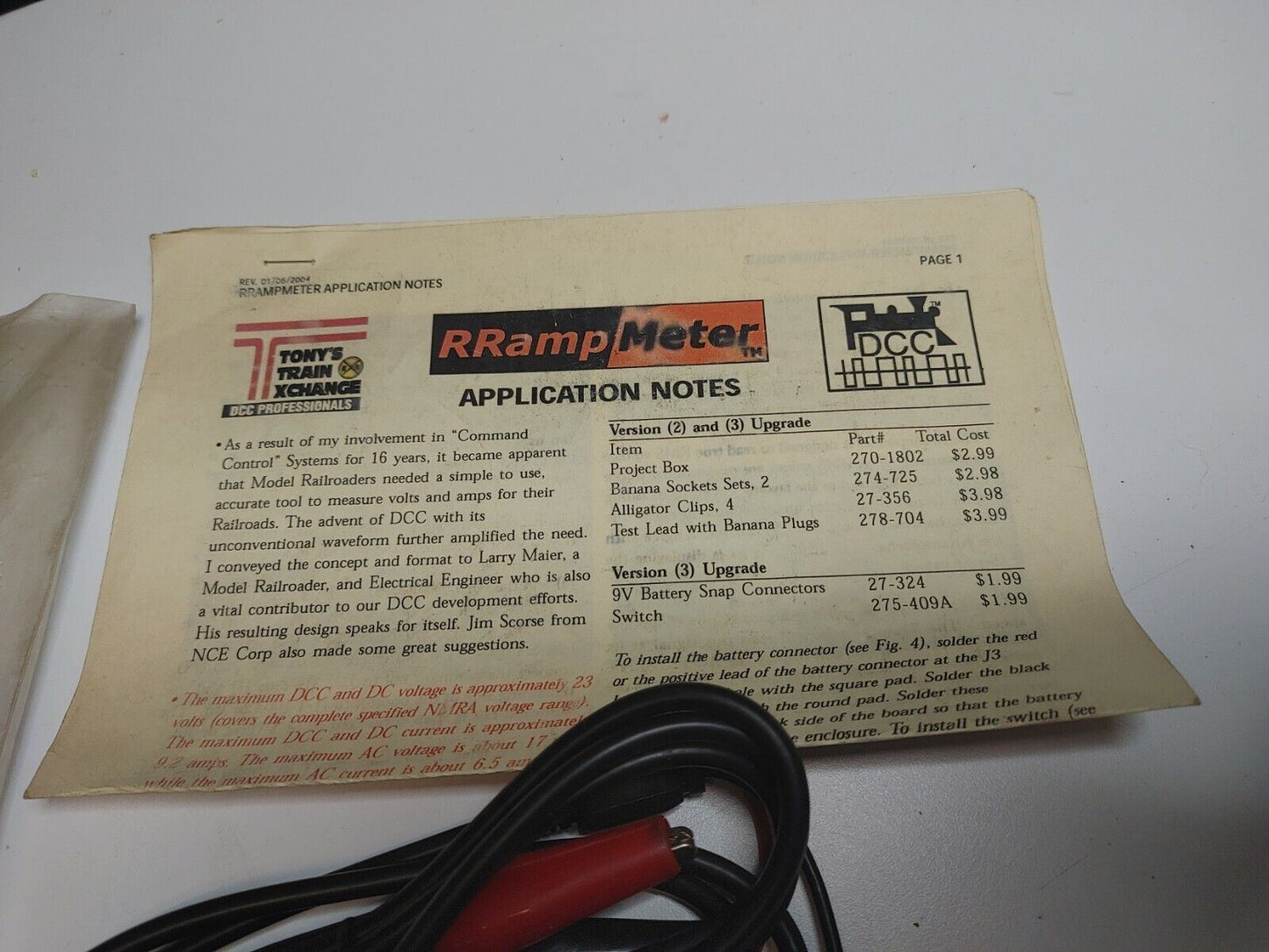 DCC SPECIALTIES 246 RRAMPMETER V4 HIGH VOLTAGE w/Clip leads & Battery backup