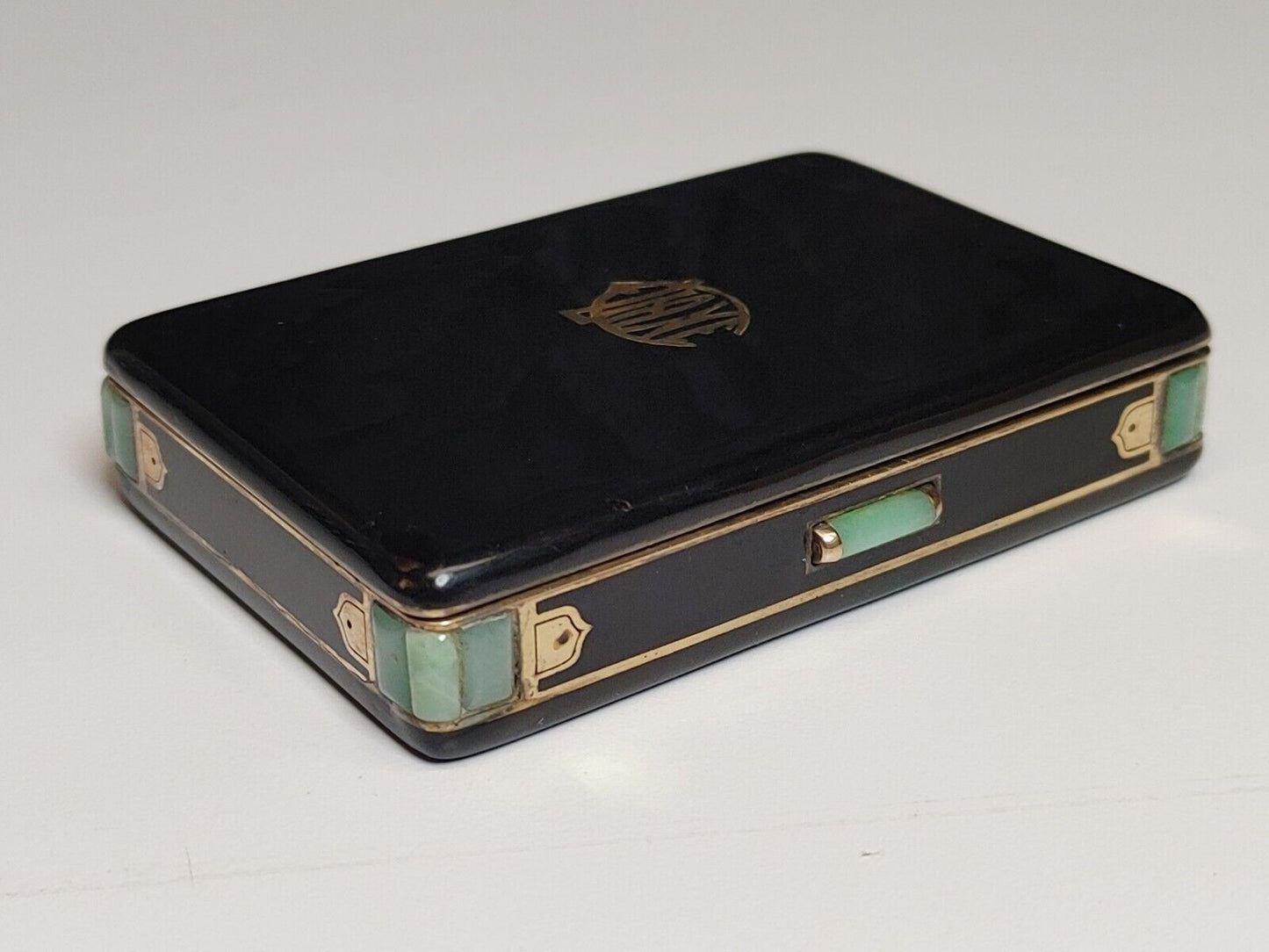 Antique CARTIER COMPACT - Oriental Themed Black Enamel, Jade Stones, Gold trim