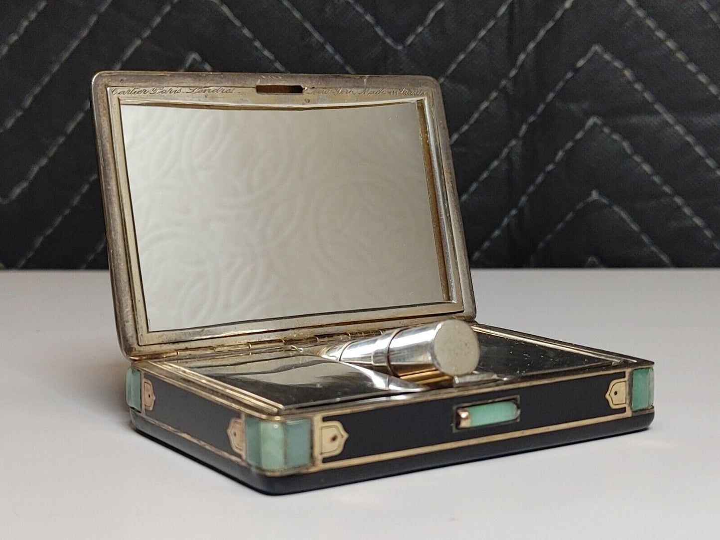 Antique CARTIER COMPACT - Oriental Themed Black Enamel, Jade Stones, Gold trim