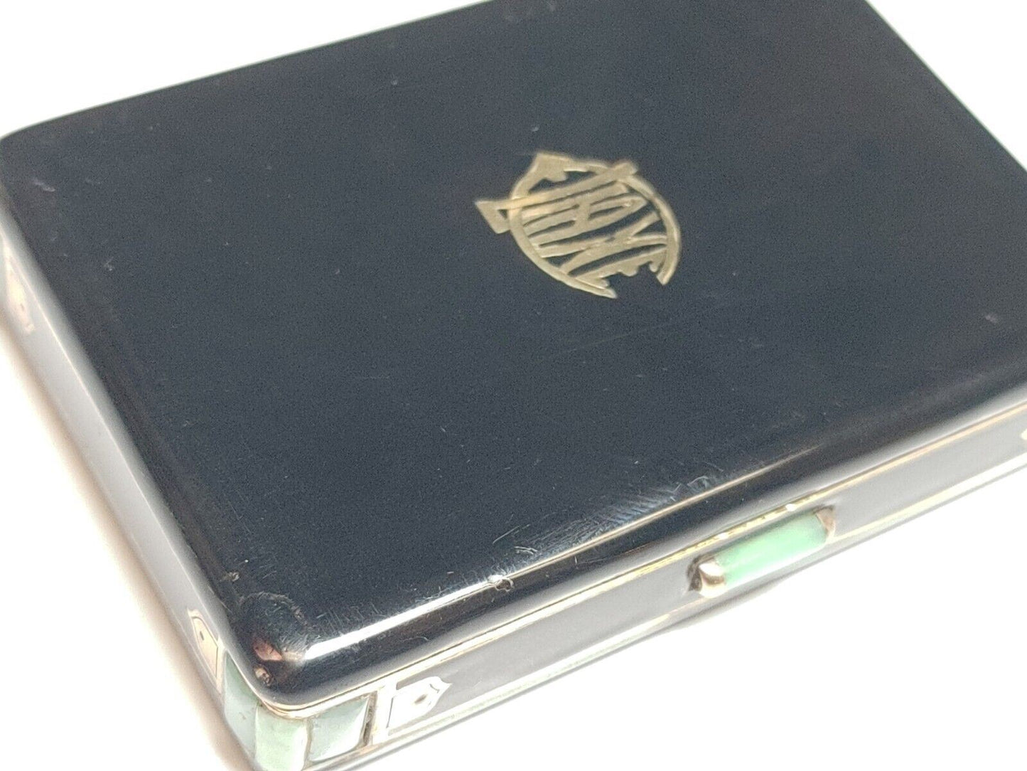 Antique CARTIER COMPACT - Oriental Themed Black Enamel, Jade Stones, Gold trim