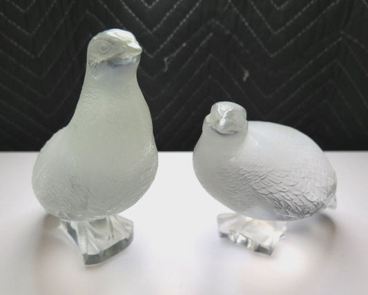 Signed LALIQUE France - PAIR of Crystal Quail Pheasant BIRD FIGURINES