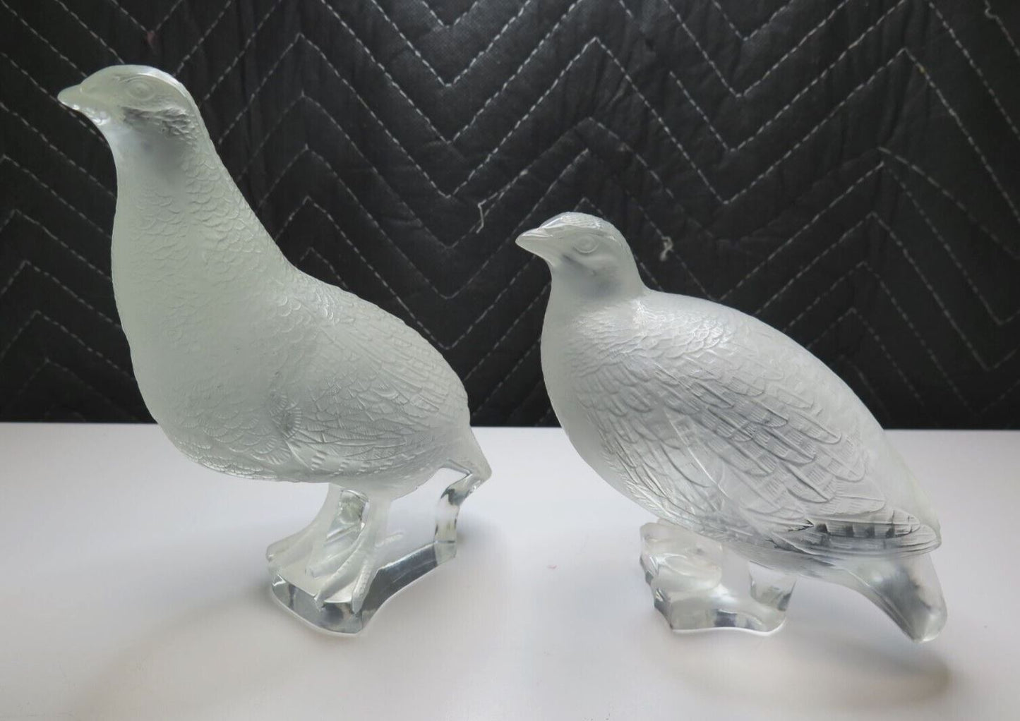 Signed LALIQUE France - PAIR of Crystal Quail Pheasant BIRD FIGURINES