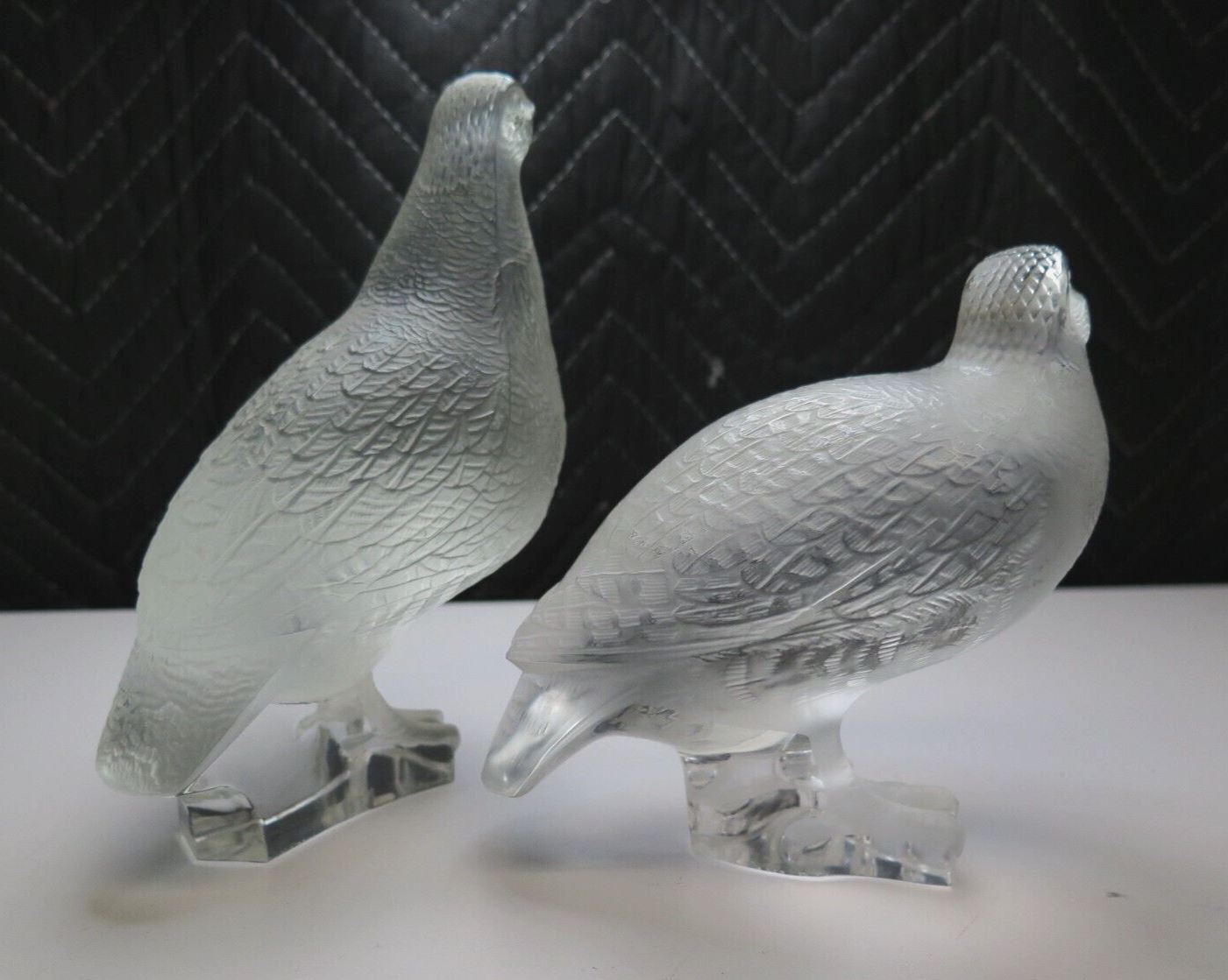 Signed LALIQUE France - PAIR of Crystal Quail Pheasant BIRD FIGURINES