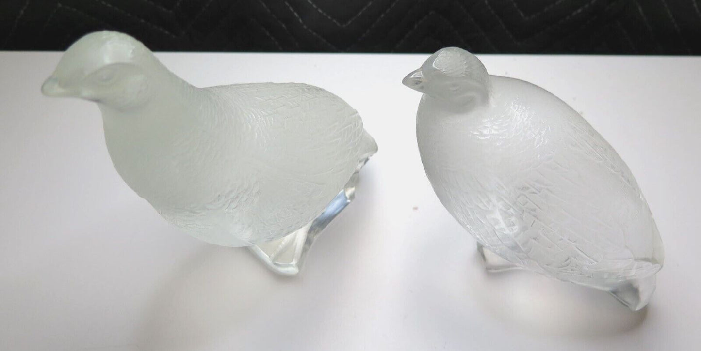 Signed LALIQUE France - PAIR of Crystal Quail Pheasant BIRD FIGURINES