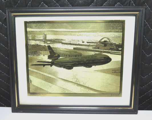 McDonnell Douglas DC-10 Airplane Gold Etching by R.G. Smith Vintage - Framed