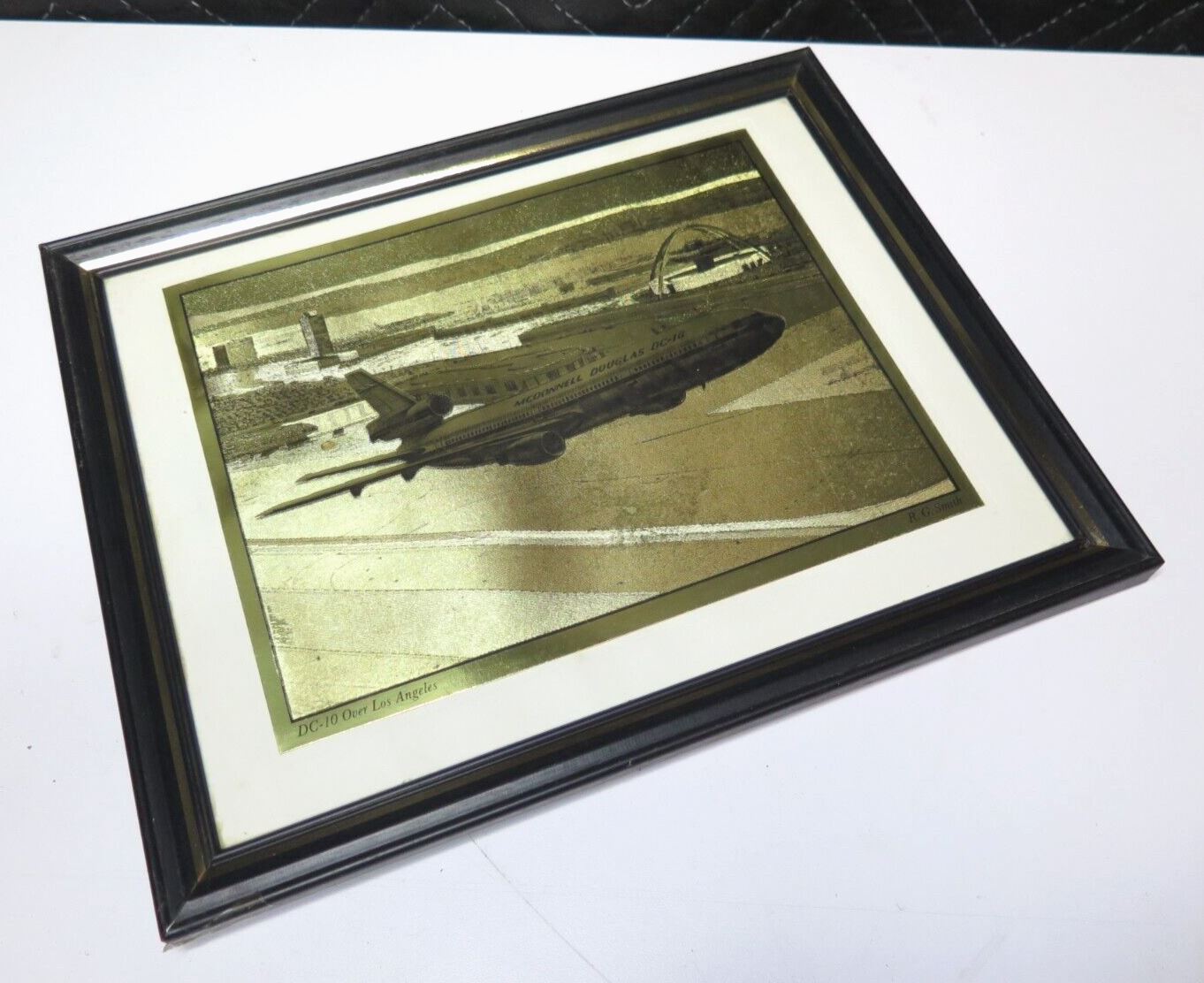 McDonnell Douglas DC-10 Airplane Gold Etching by R.G. Smith Vintage - Framed