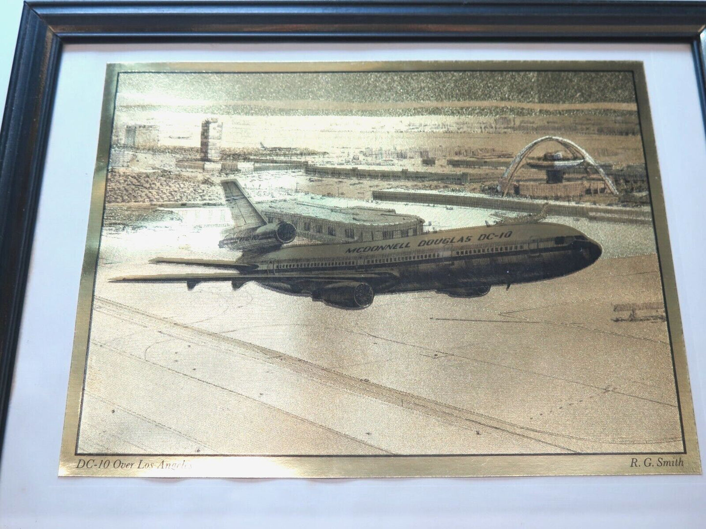 McDonnell Douglas DC-10 Airplane Gold Etching by R.G. Smith Vintage - Framed