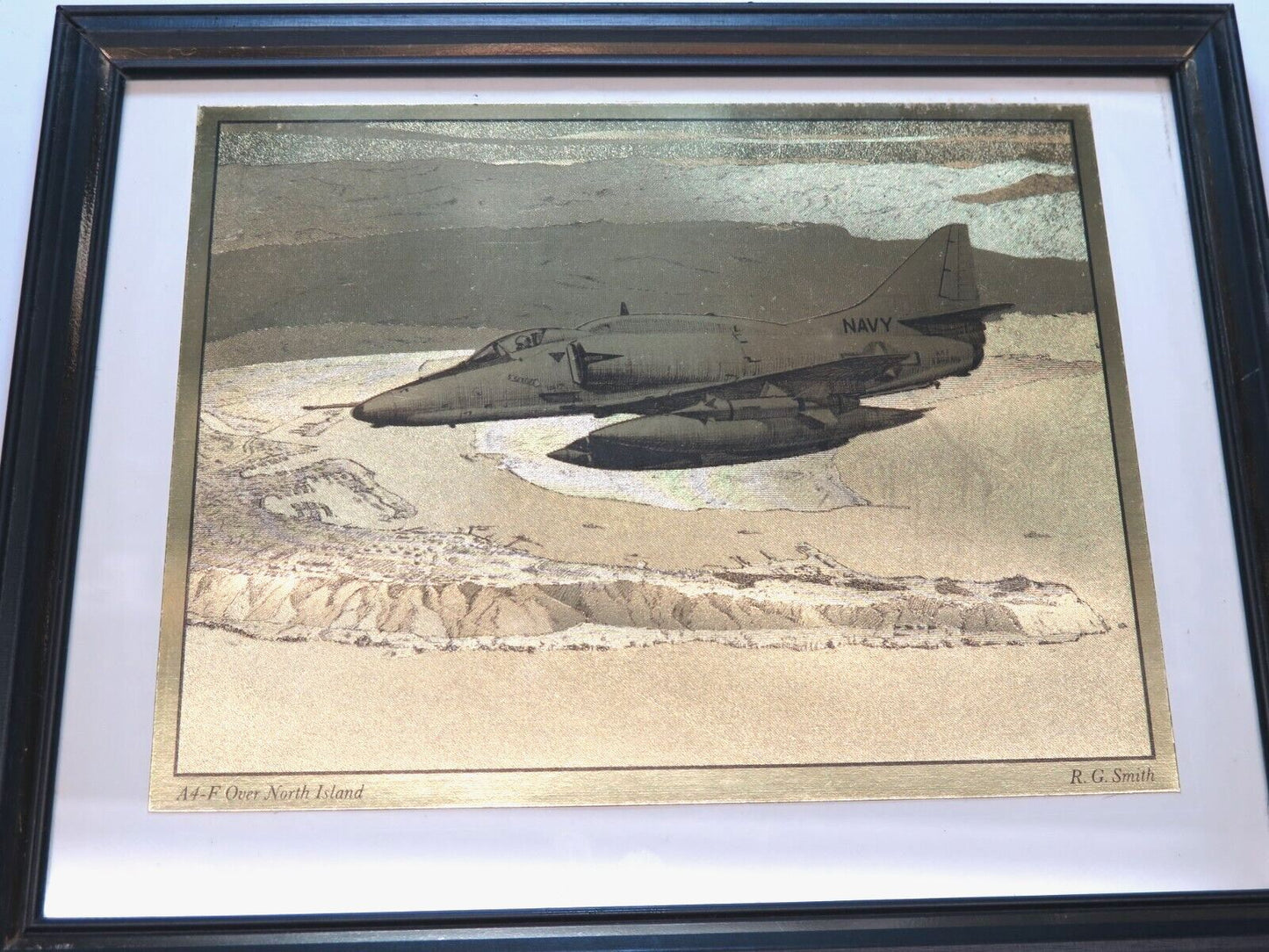 McDonnell Douglas AF-4 Airplane Gold Etching by R.G. Smith Vintage - Framed