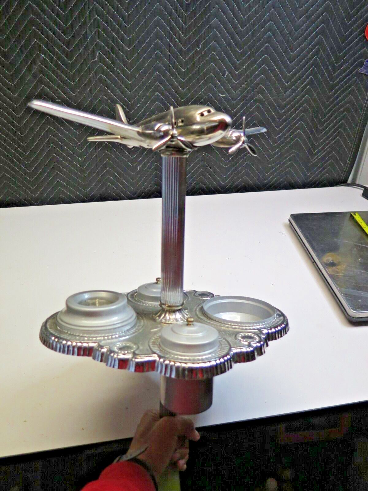 VINTAGE Art Deco Lighted Airplane DC3 Chrome Ashtray 1940s Table Tray Stand