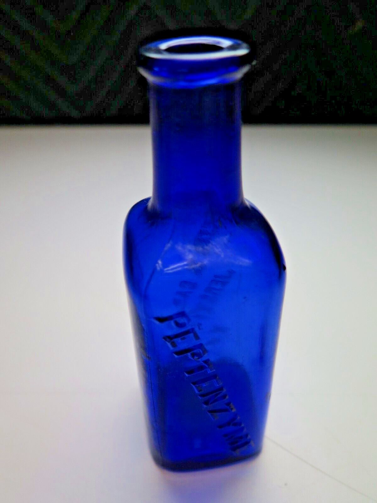 NICE COBALT BLUE PEPTENZYME MEDICINE BOTTLE JERSEY CITY, NJ 1905 ERA