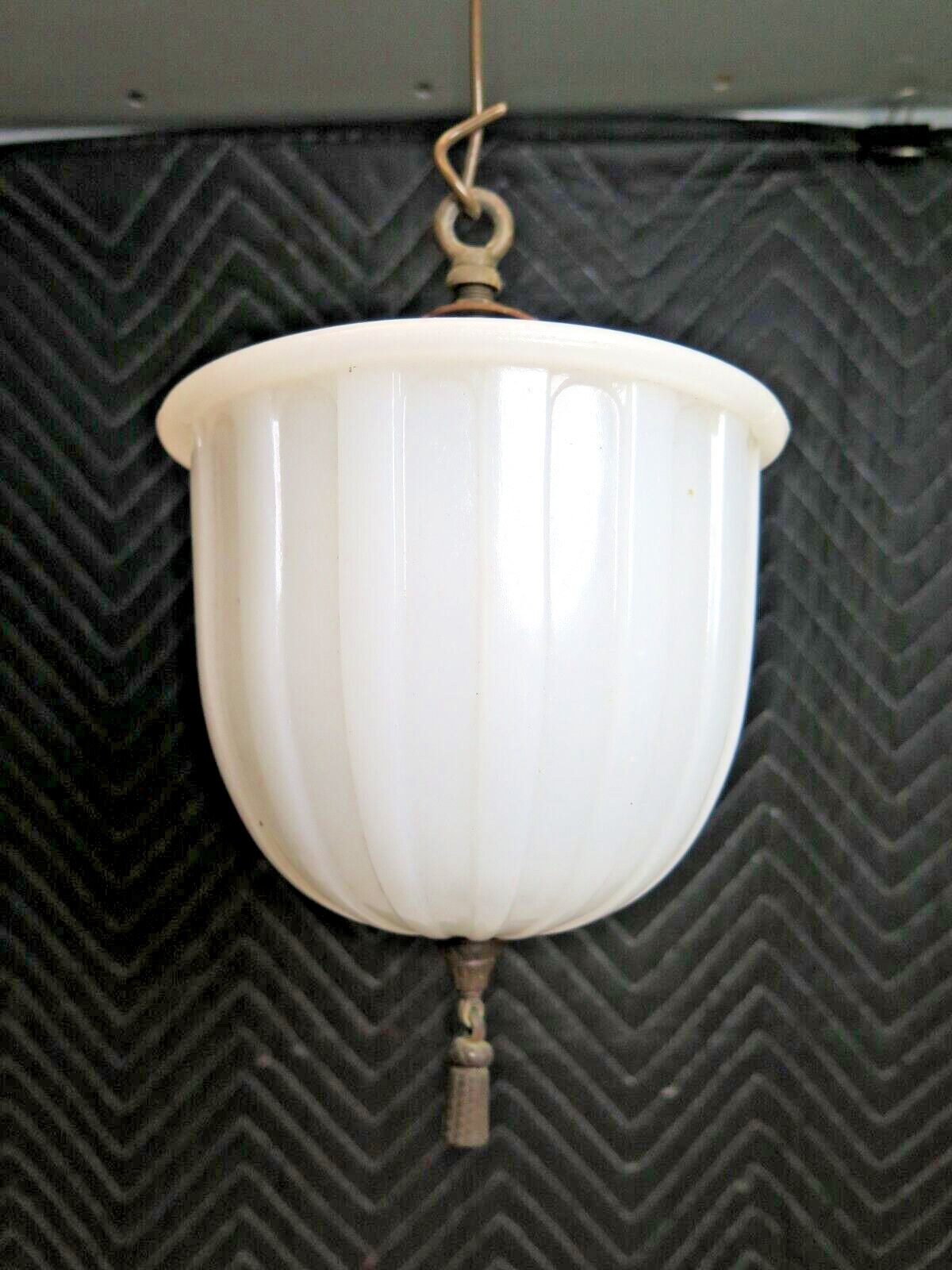 Vintage Antique MILK GLASS ART DECO CEILING PENDANT LAMP SHADE METAL TASSEL