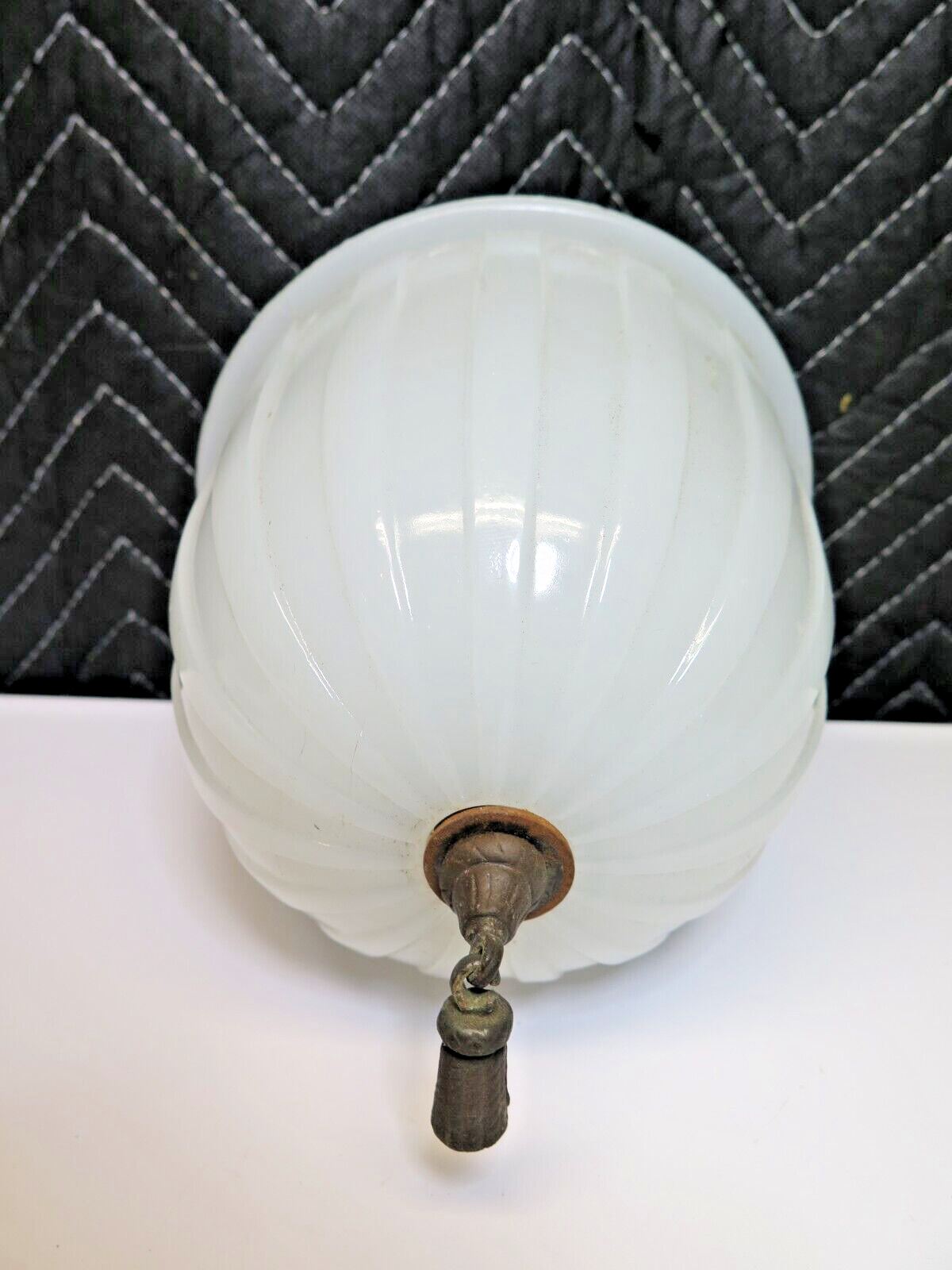 Vintage Antique MILK GLASS ART DECO CEILING PENDANT LAMP SHADE METAL TASSEL