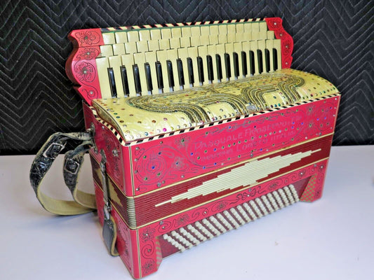 RARE ANTIQUE AUTHENTIC PASQUALE FICOSECCO ACCORDION ORGANETTO w/ Case - Pink