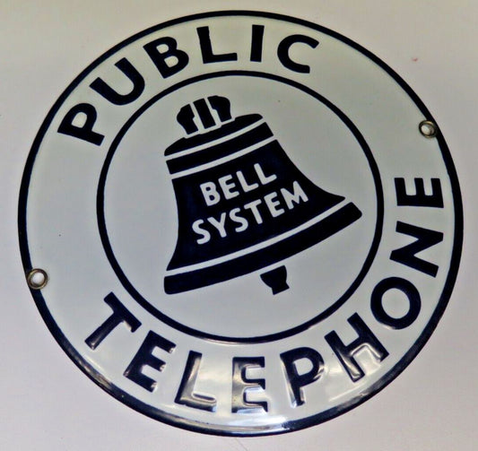 Vintage Sign Bell Systems Public Telephone Porcelain Enamel 7" Round #22