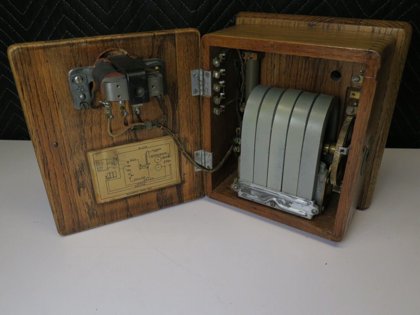 Antique 5 Bar Telephone Magneto Desk Set Oak Ringer Box w/ Western Electric 48A