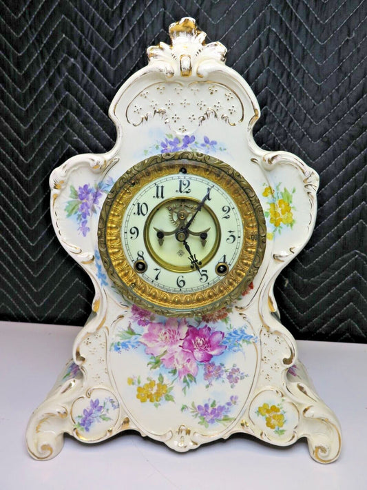 Antique Royal Bonn Ansonia Floral Ceramic Clock Open Escapement