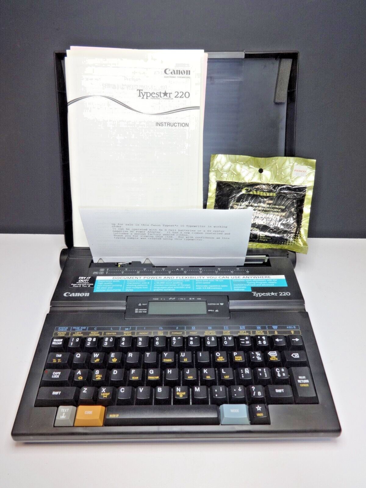 Canon Typestar 220 Portable Personal Typewriter, Manual, Cover & 1 New Ribbon