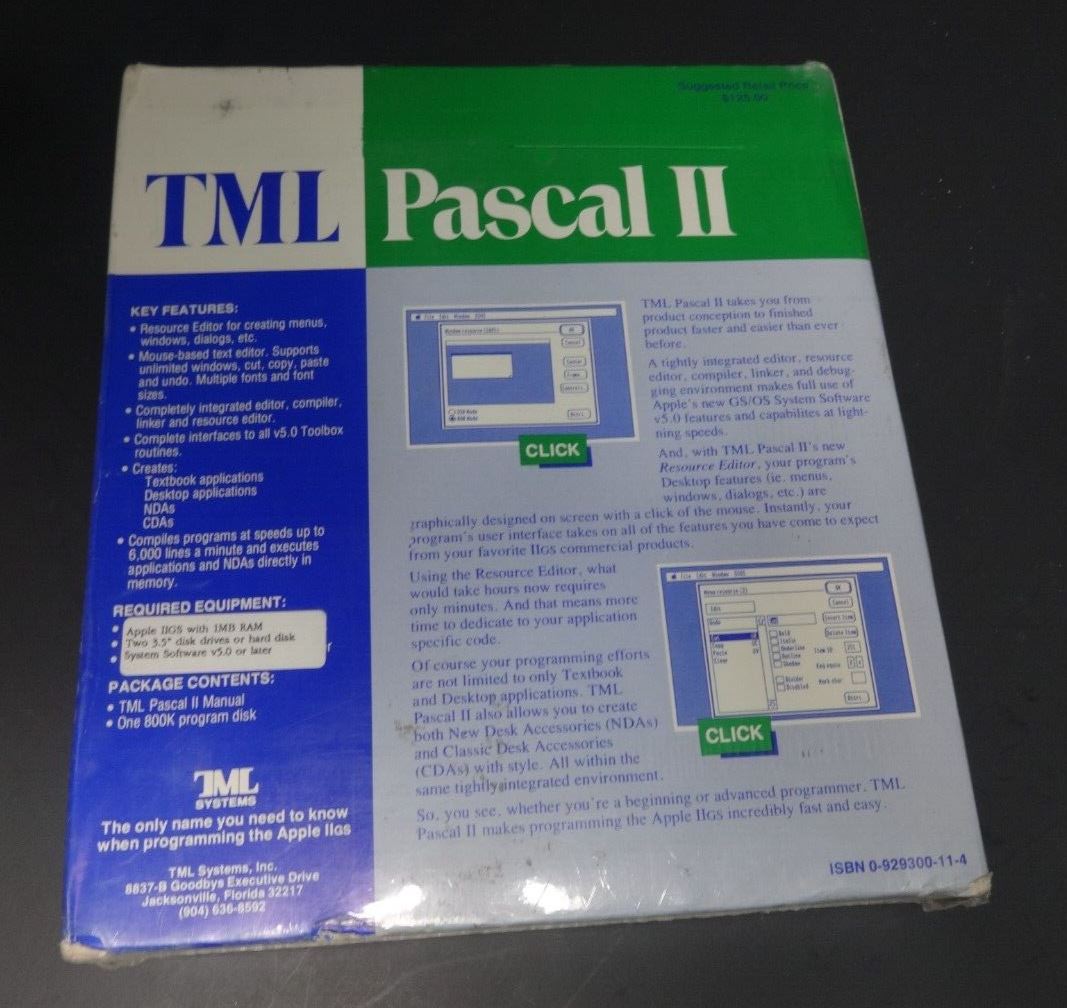 NOS Sealed 1986 TML PASCAL II APPLE IIgs 3.5" FLOPPY DISK SOFTWARE & Manual