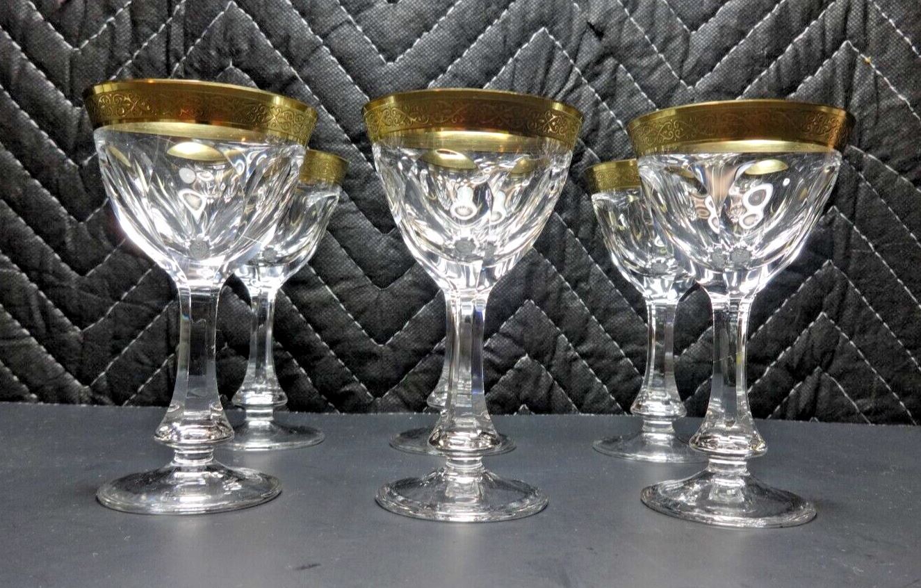 6 Moser Gold Gilt Encrusted Glass Wine Goblets in Lady Hamilton c. 1934