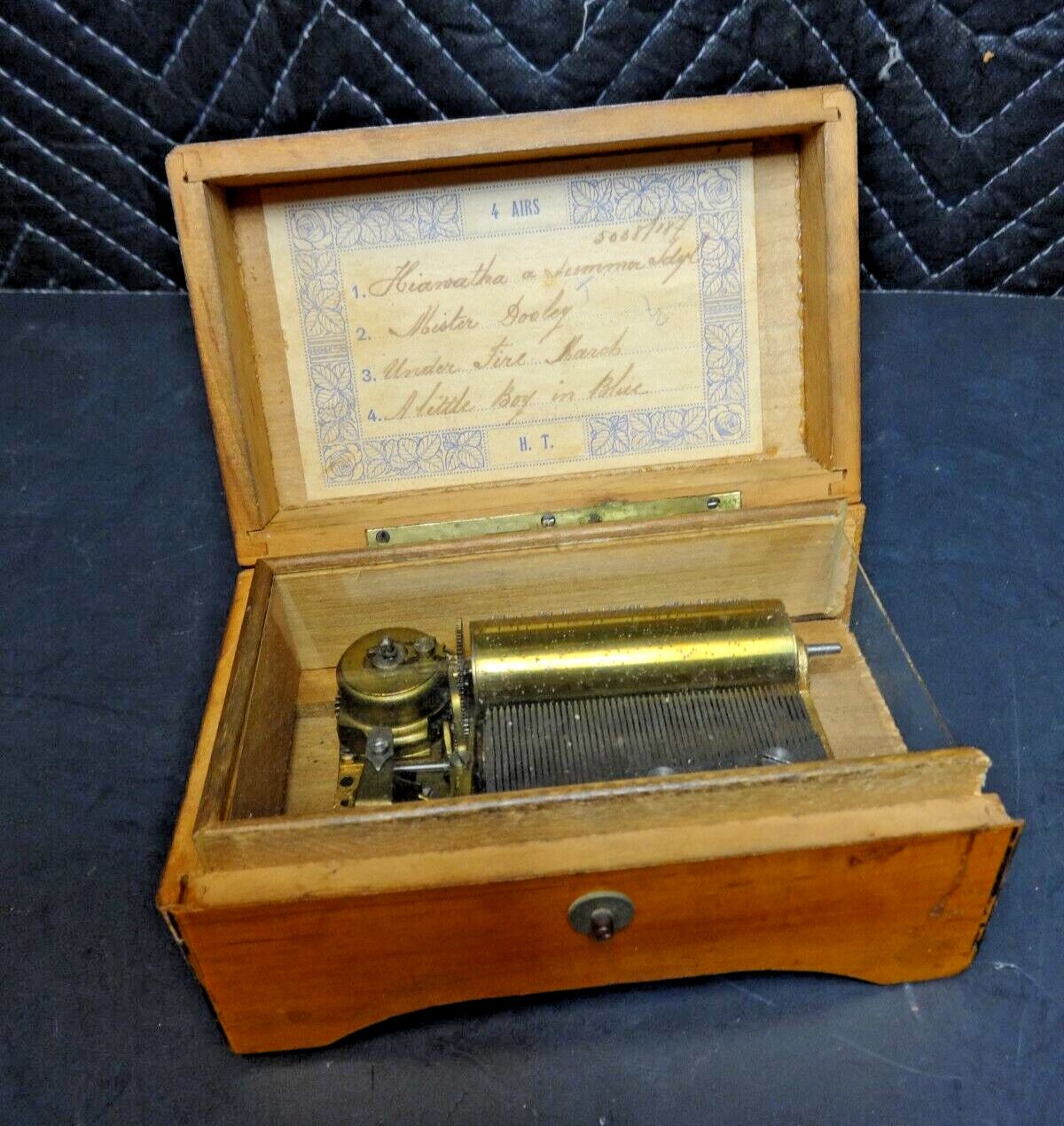 Vintage Antique Wind swiss cylinder music box , 4 Airs , Song, oak Case