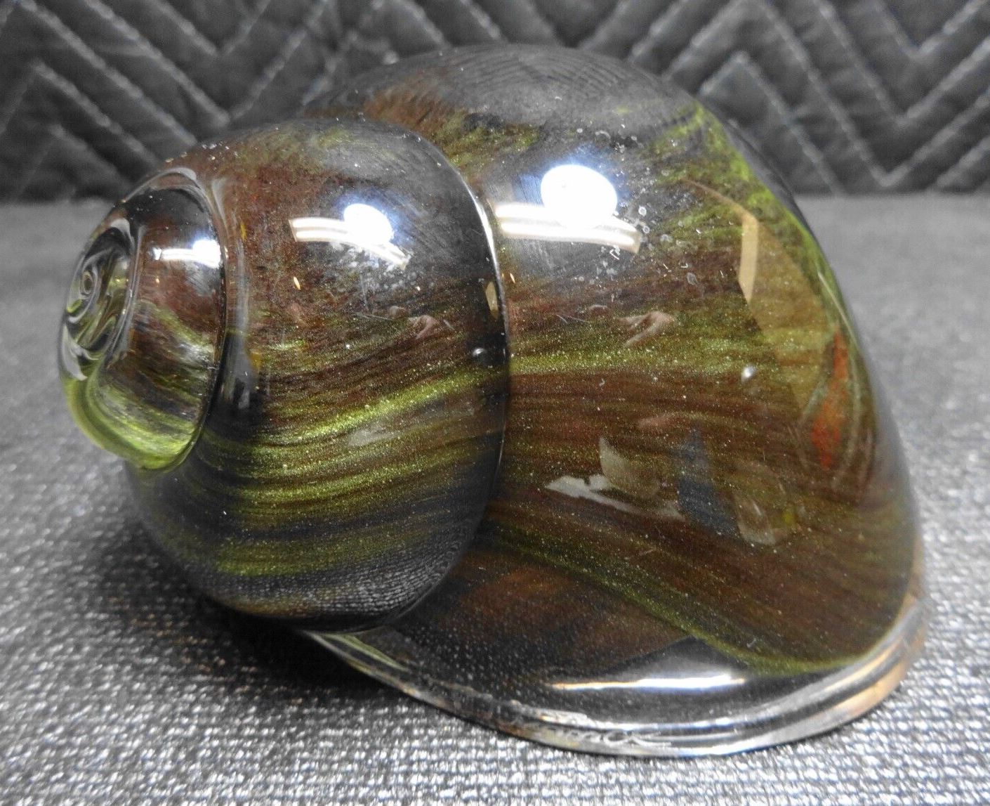 Daum France Green Glass Snail Shell Paperweight 4.5" - Signed