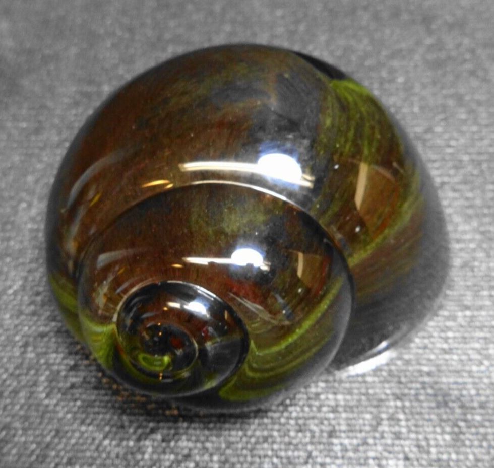 Daum France Green Glass Snail Shell Paperweight 4.5" - Signed