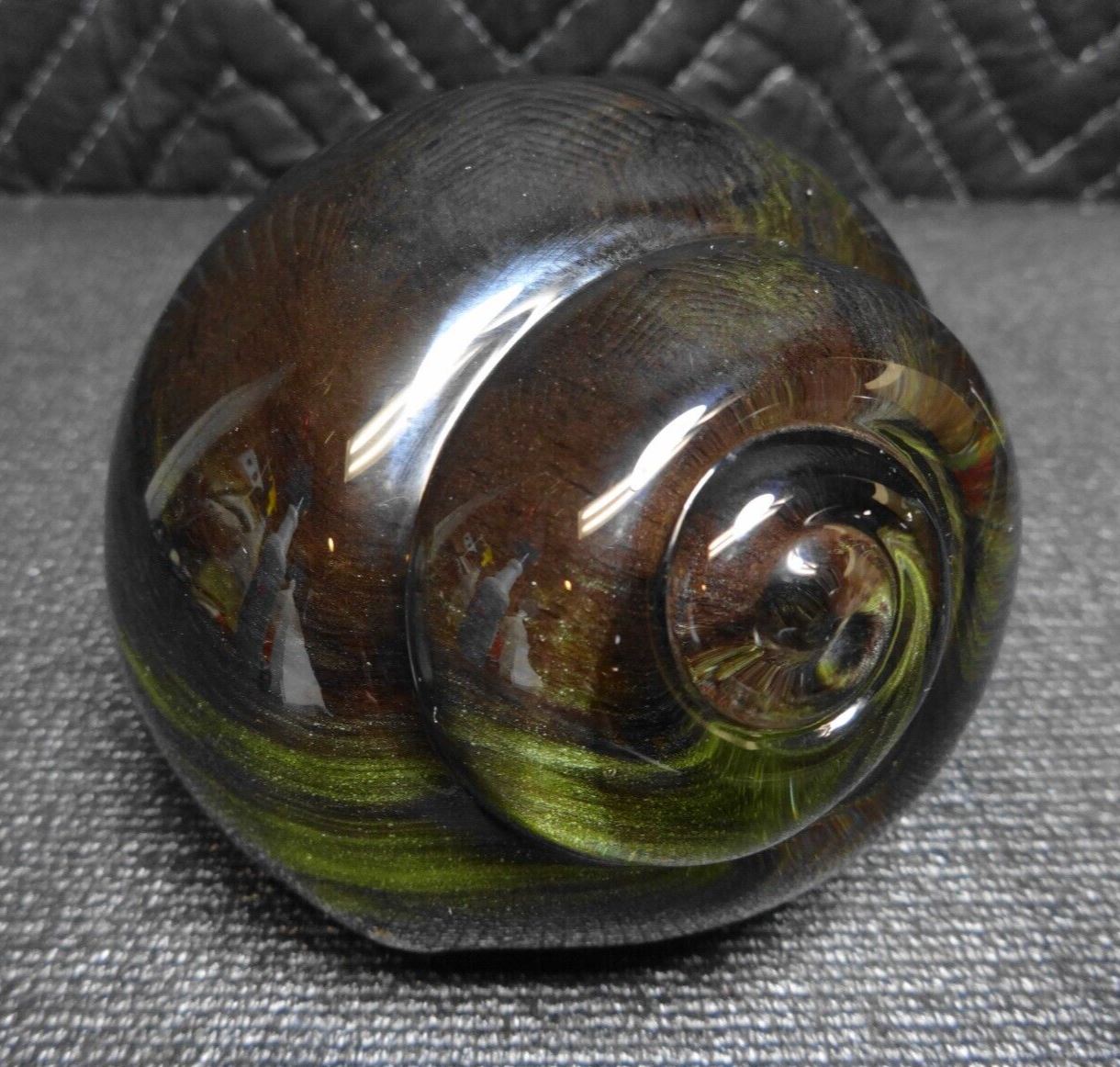 Daum France Green Glass Snail Shell Paperweight 4.5" - Signed