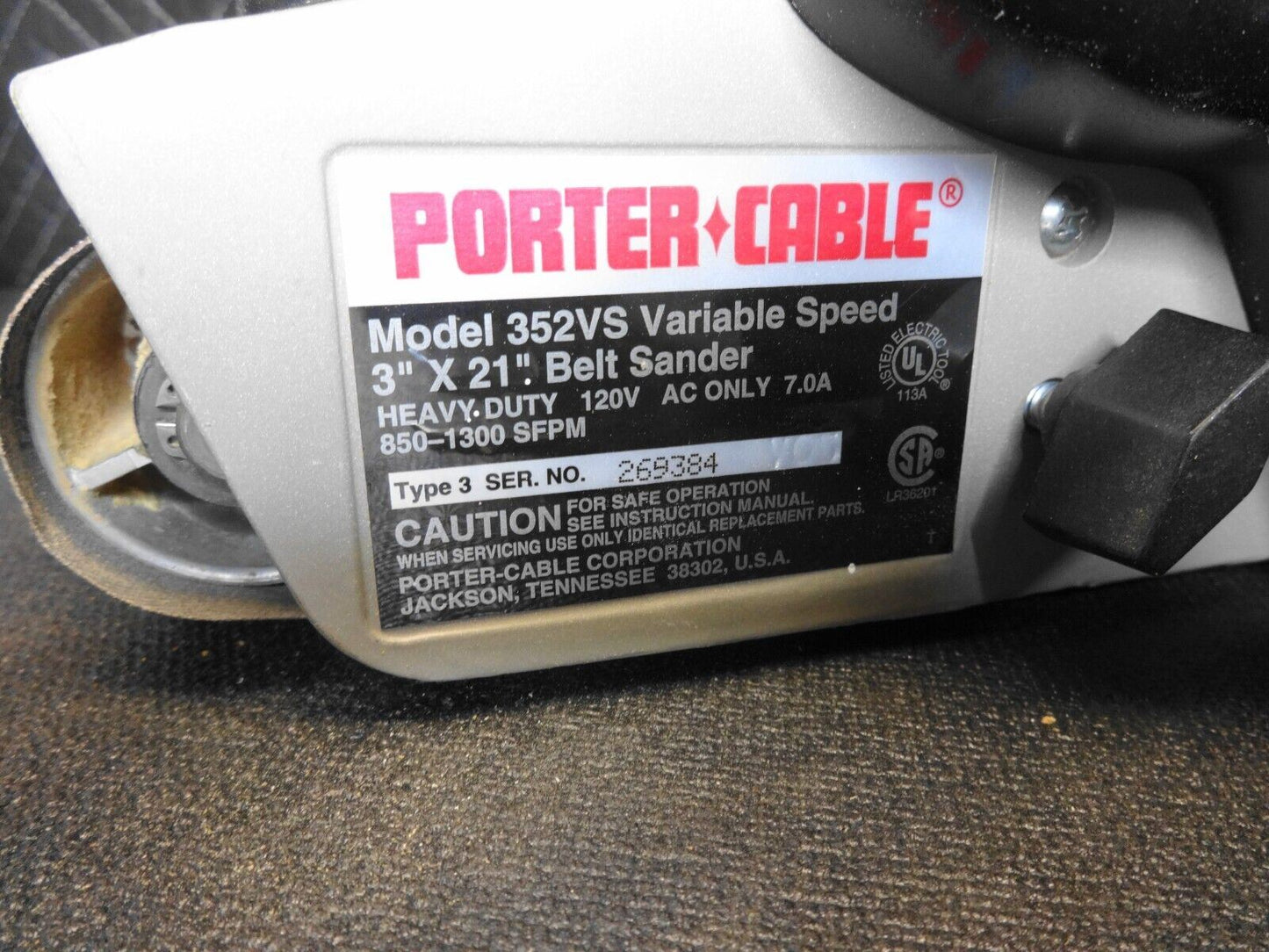 Porter Cable Belt Sander 352VS w/ New Power Cord Installed - No Dust Bag