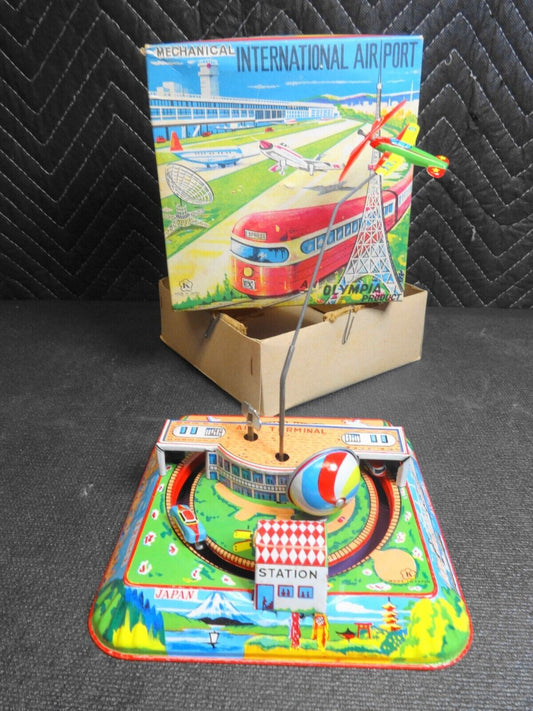 Olympia MECHANICAL INTERNATIONAL AIRPORT VINTAGE TIN WIND-UP TOY WITH BOX Japan