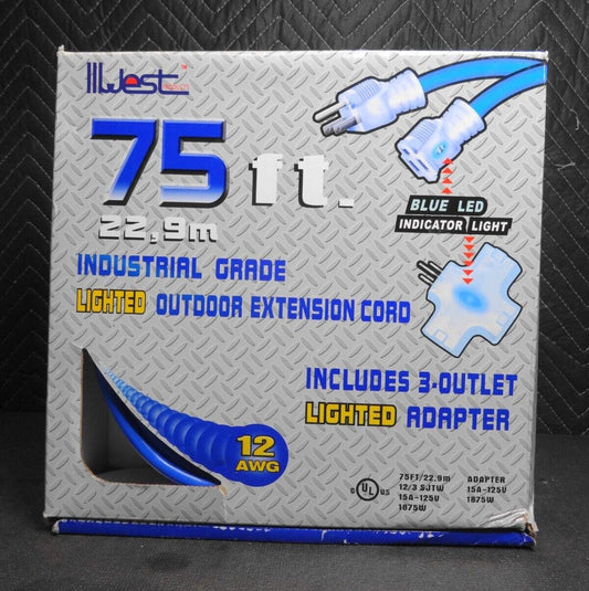 75 ft Extension Cord 3 Plug Lighted 12/3 15A 1875W 12 Gauge Indoor Outdoor Blue