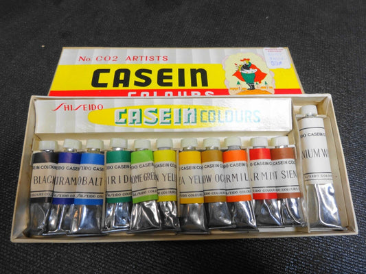 Vintage SHISEIDO Casein Colours 12 Colors in Original Woodened Box 1959 Uniprise