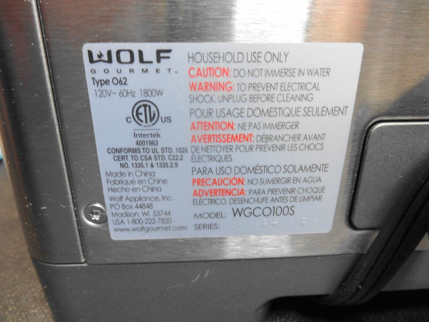 Wolf WGCO100S - Gourmet Elite Countertop Convection Oven Stainless Steel