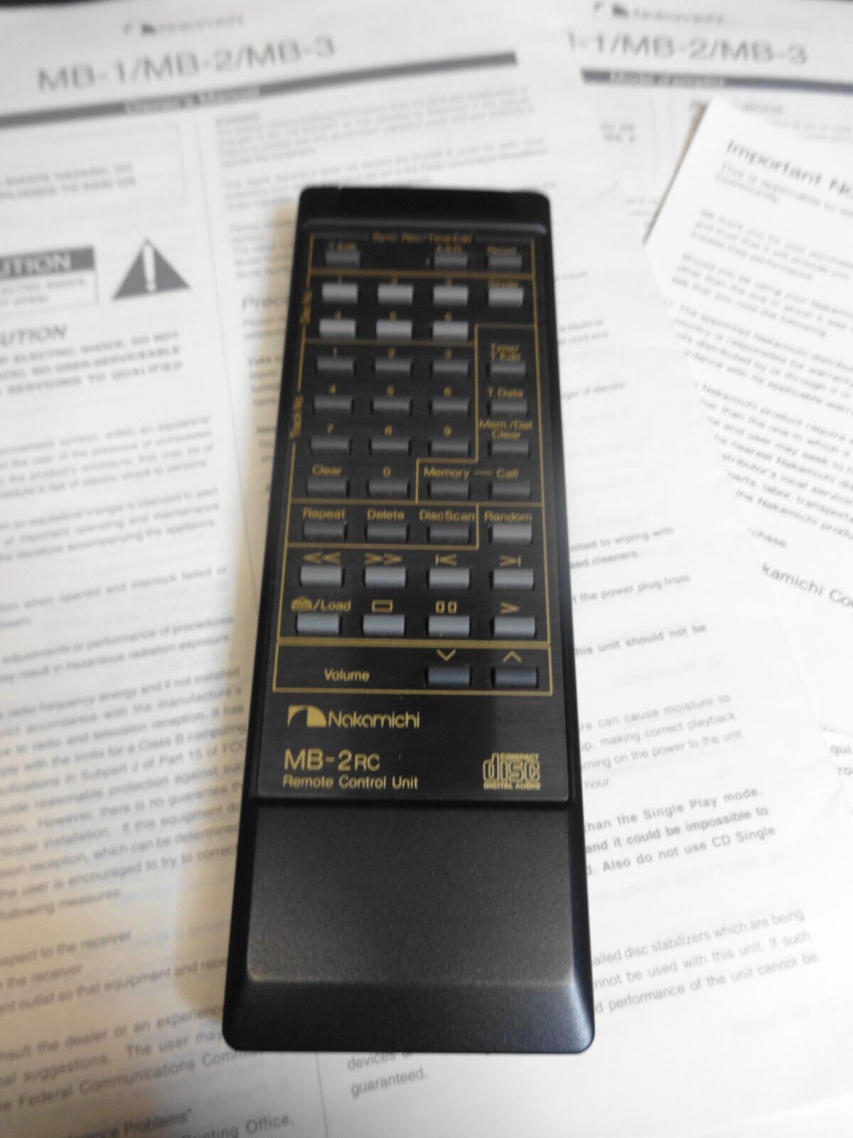 Original Nakamichi MB-2RC Remote & Owners Manual for MB-1 MB-2 MB-3